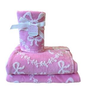 4pc Plush Pink & White BOW Towel Set - 2 Hand 2 Bath Cotton Chic Bath NEW